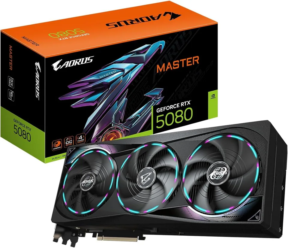 Gigabyte AORUS GeForce RTX 5080 MASTER 16GB — card and retail box