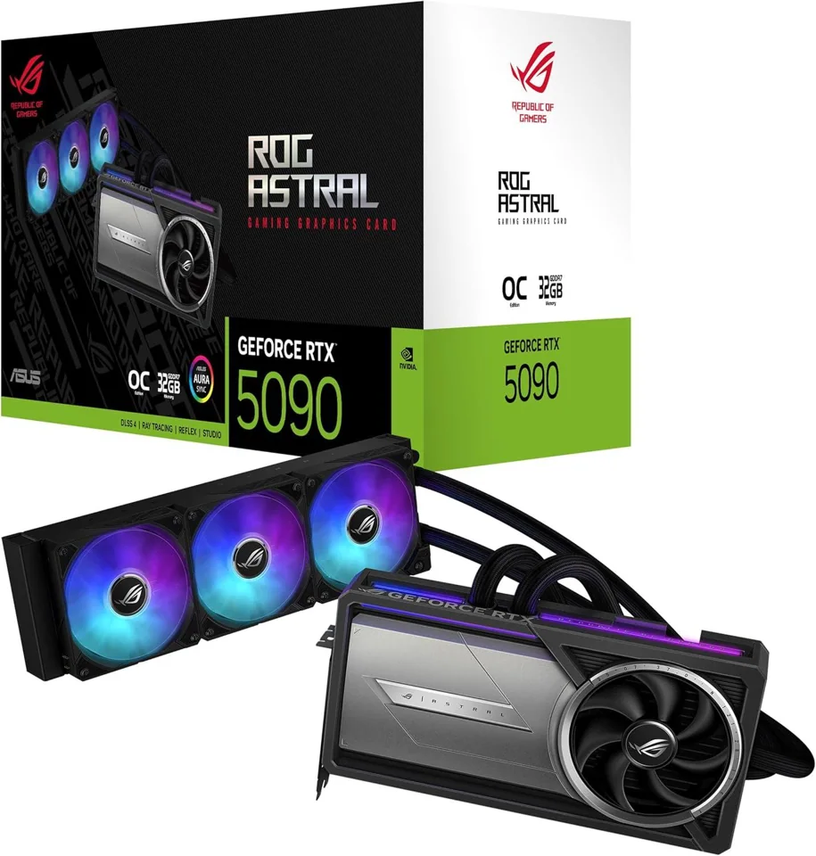 ASUS ROG Astral LC GeForce RTX 5090 32GB GDDR7 OC Edition — card radiator and retail box