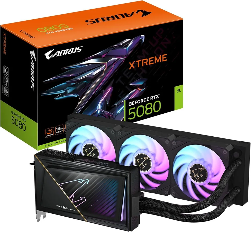 Gigabyte GeForce RTX 5080 AORUS XTREME WATERFORCE 16GB — card radiator and retail box