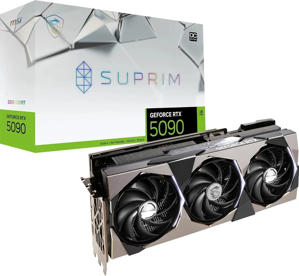 MSI GeForce RTX 5090 SUPRIM SOC 32GB — card and retail packaging