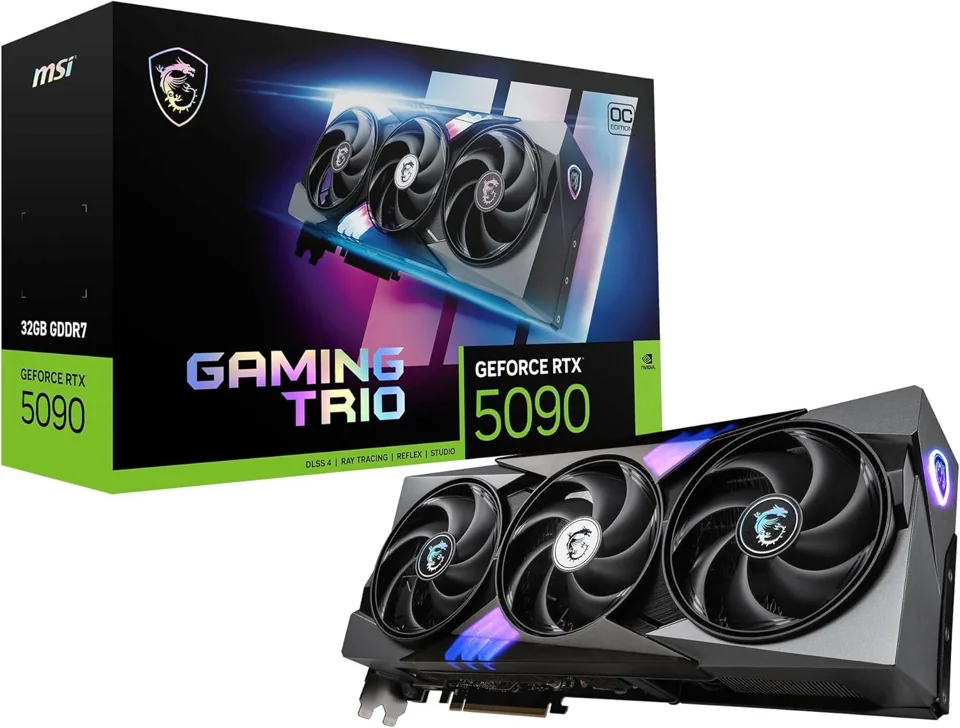 MSI GeForce RTX 5090 32G GAMING TRIO OC — card and retail box