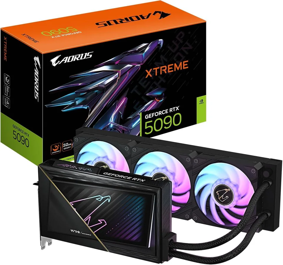 Gigabyte AORUS GeForce RTX 5090 XTREME WATERFORCE 32GB — card radiator and retail box