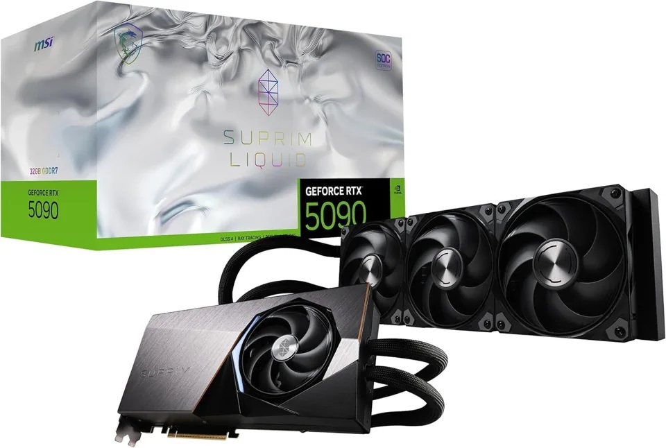 MSI GeForce RTX 5090 SUPRIM LIQUID SOC 32GB — card radiator and retail packaging