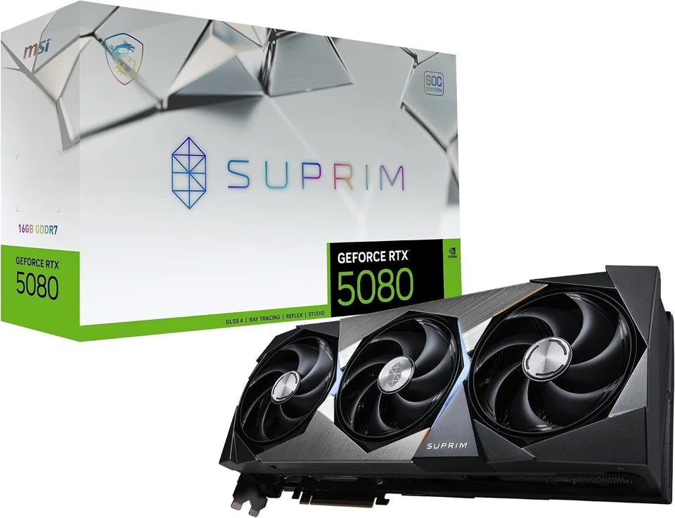 MSI GeForce RTX 5080 SUPRIM SOC 16GB — card and retail box