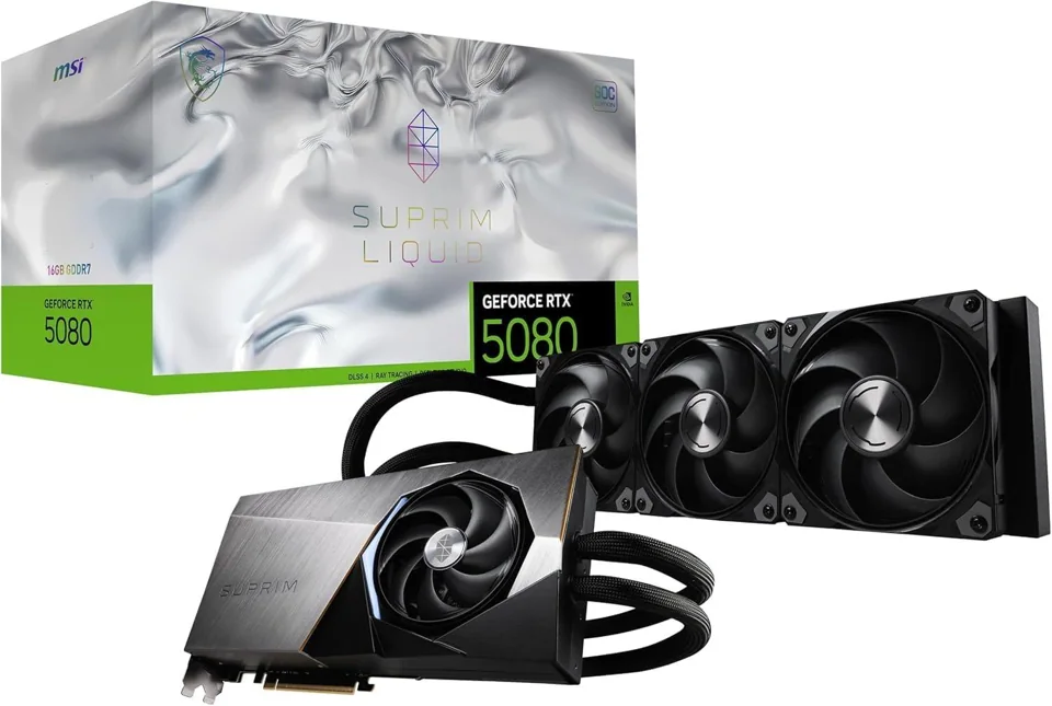 MSI GeForce RTX 5080 SUPRIM LIQUID SOC 16GB — card radiator and retail box